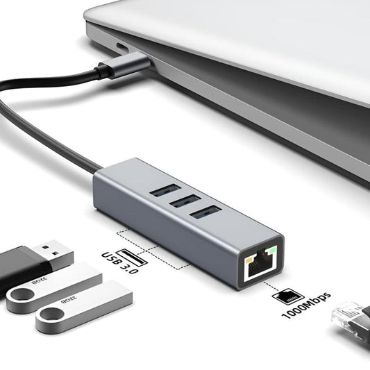 USB C to Ethernet Adapter with 1000Mbps Gigabit RJ45 and 3xUSB 3.0 Ports.