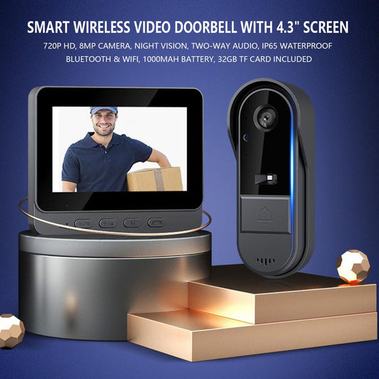 Smart Wireless Video Doorbell with 4.3" Screen HD 8MP Camera Night VisionTwo-Way Audio IP65.