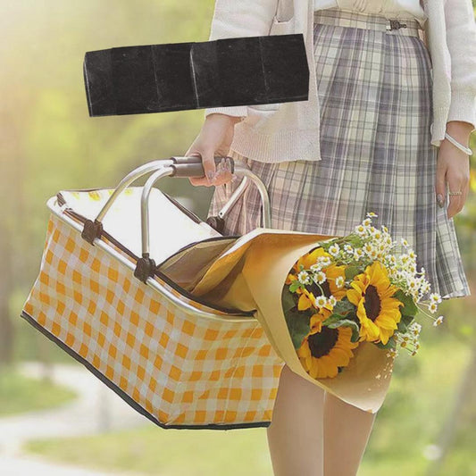 Collapsible Outdoor Camping Portable Insulated Picnic Basket Camping Picnic Ice Pack(Yellow Grid).