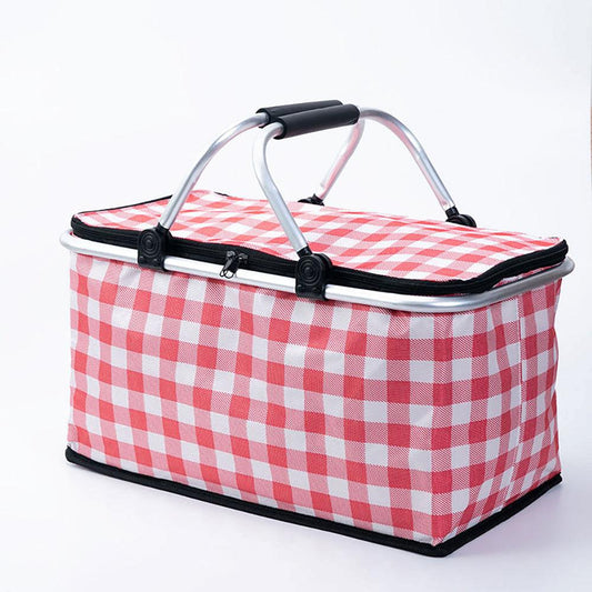 Collapsible Outdoor Camping Portable Insulated Picnic Basket Camping Picnic Ice Pack(Red Grid).