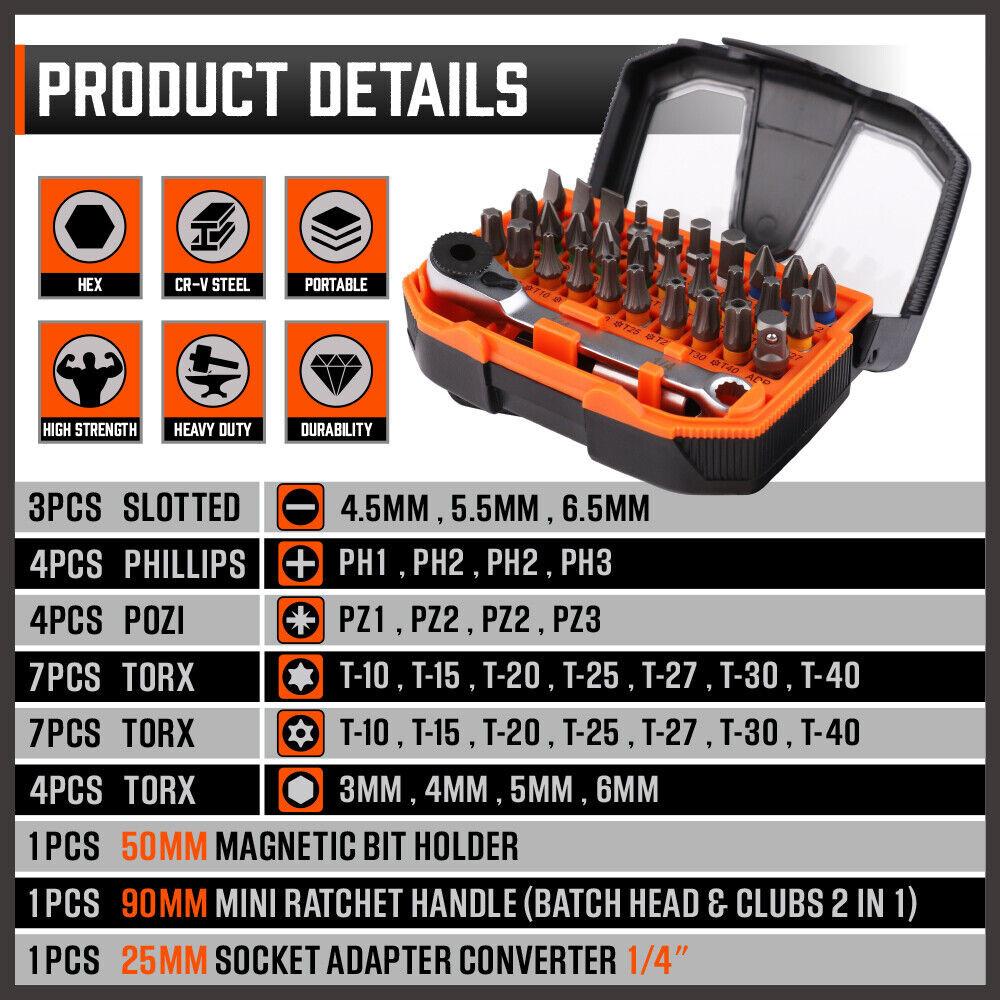 32Piece 1/4" Mini Double Head Screwdriver Bit and Ratchet Set CRV Steel Durable.