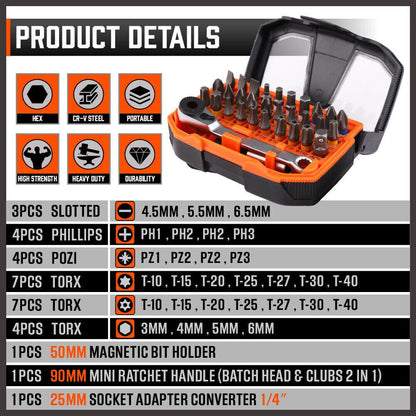 32Piece 1/4" Mini Double Head Screwdriver Bit and Ratchet Set CRV Steel Durable.