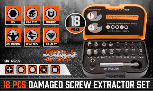 18x Magnetic Damaged Screw Extractor Set Broken Drill Bit Remover Kit Hex Crv.