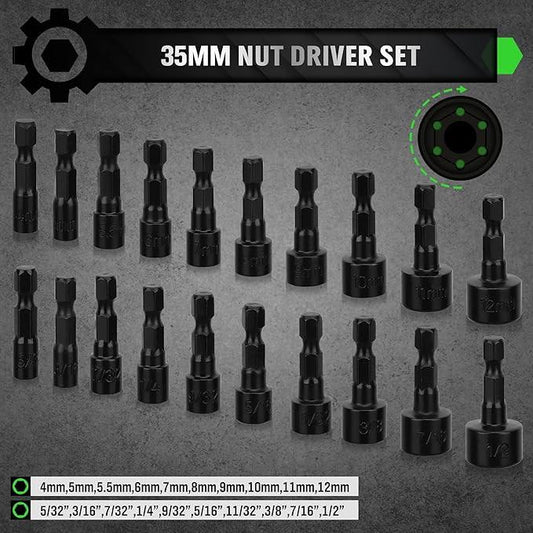 SWANLAKE SWANLAKE 39PCS Magnetic Hex Nut Driver Master Kit,1/4" Quick-Change Hex Shank, SAE & Metric Power Nuts Driver Drill Bit Tools Set,Cr-V Steel.