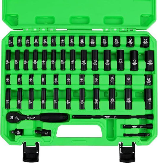 SWANLAKE 1/4" Drive Impact Socket Set, 56-Piece Standard SAE (5/32 to 9/16 inch) and Metric (4-15mm) Size, 6 Point, Cr-V, 1/4-Inch Drive Ratchet Handle, Drive Extension Bar, Impact Universal Joint.