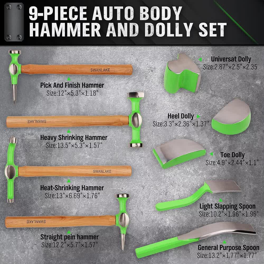 9-Piece Garden Tools Auto Body Hammer Dolly Set Car Body Dent Repair Tool Case.