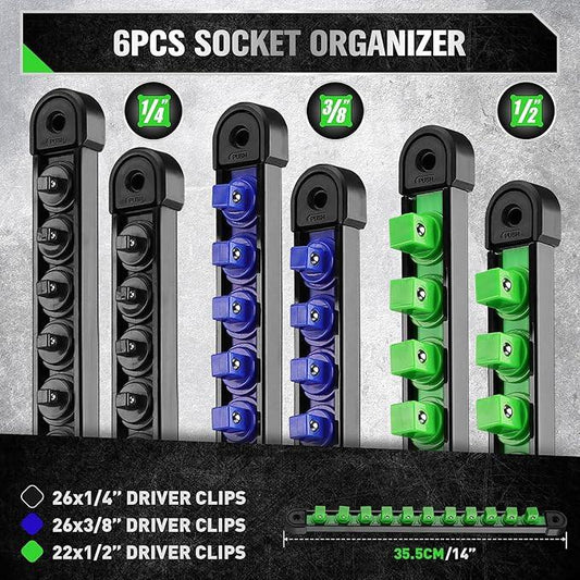 SWANLAKE 6-Piece Swivel Socket Organiser Set, 1/4-Inch x 26 Clips, 3/8-Inch x 26 Clips, 1/2-Inch x 22 Clips, Premium Quality Socket Storage Holders.