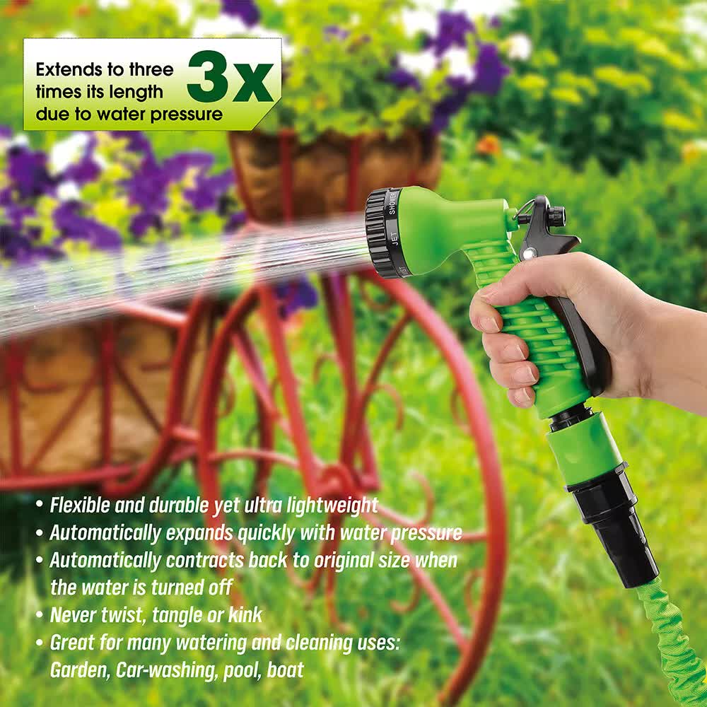 25FT Water Garden Hose Flexible Expandable Pipe Car Wash W/ Spray Nozzle Gun.