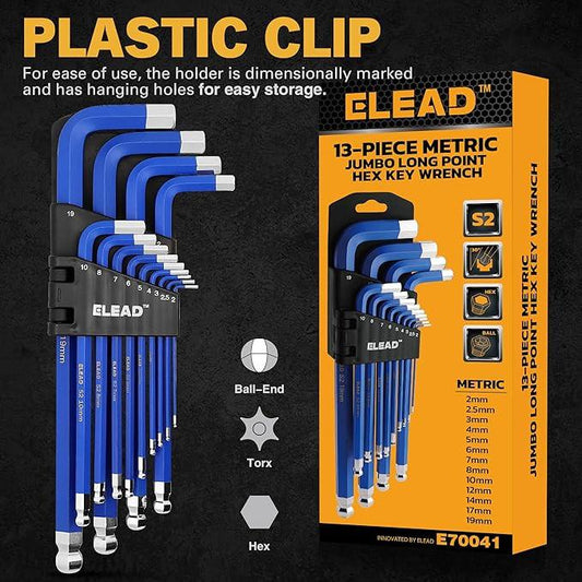 ELEAD Jumbo Hex Key Allen Wrench Set | 13-Piece Metric 2-19mm | Long Ball End Durable CR-V | Automotive | Mechanic | Furniture | Professional Grade Tools.