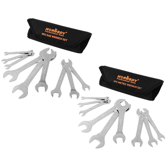 HORUSDY Super Thin 18Pc Wrench Set Open End Spanner 3mm CRV Metric & SAE w Pouch.