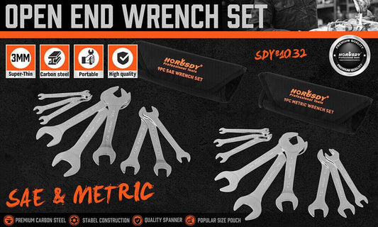 HORUSDY Super Thin 18Pc Wrench Set Open End Spanner 3mm CRV Metric & SAE w Pouch.