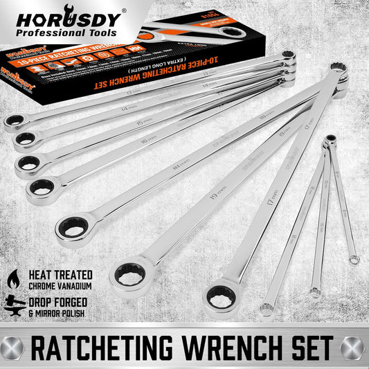 HORUSDY 10Pc Extra Long Ratchet Spanner Set Aviation Double End 8-19mm w/t Pouch.