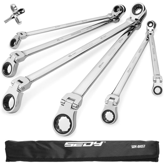 SEDY 6Pcs Extra Long Flex-Head Ratchet Spanner Set Double Box End Spanner 8-19mm.