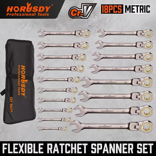 HORUSDY 18Pc Flexi-Head Ratchet Spanner Set Metric 6-30mm Spanners Nickle Plated.