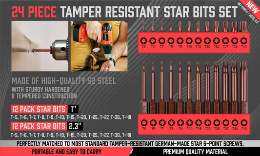 24Pc Torx Bit Set Star Head Screwdriver Bit Long Security Temper Proof T5-T40.