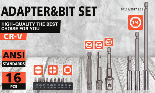 16Pc Socket Bit Adaptor Set Power Drill Nut Driver Extension Screwdriver Bits.