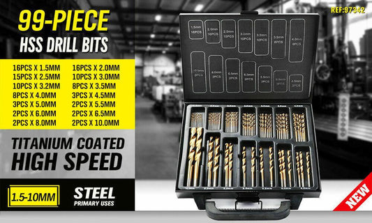99Pc Drills Set HSS Titanium Coated Wood Plastic Metal Metric 1.5-10mm With Case.