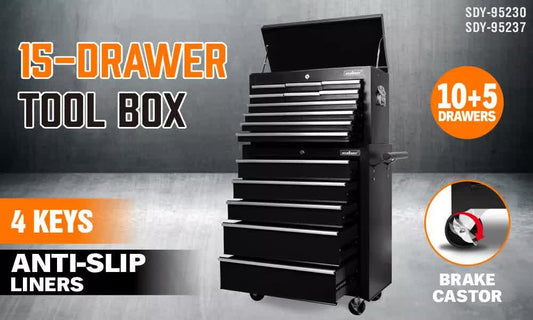 Black15 Drawer Tool Box Trolley Cabinet Storage Cart Garage Toolbox Organiser.
