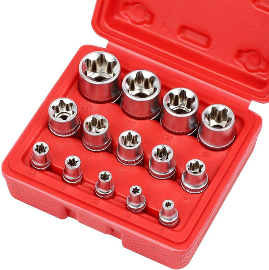14Pc E Torx Socket Set Female Start Bit External Hex Torque E4-E24 With Case.