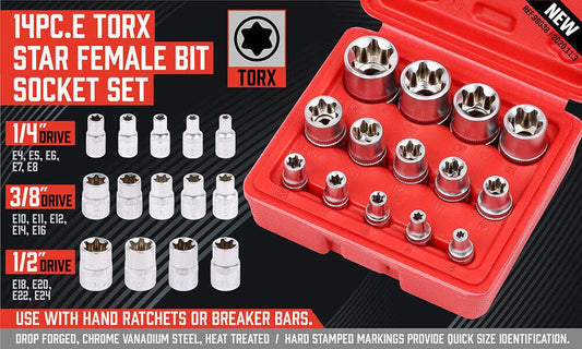 14Pc E Torx Socket Set Female Start Bit External Hex Torque E4-E24 With Case.