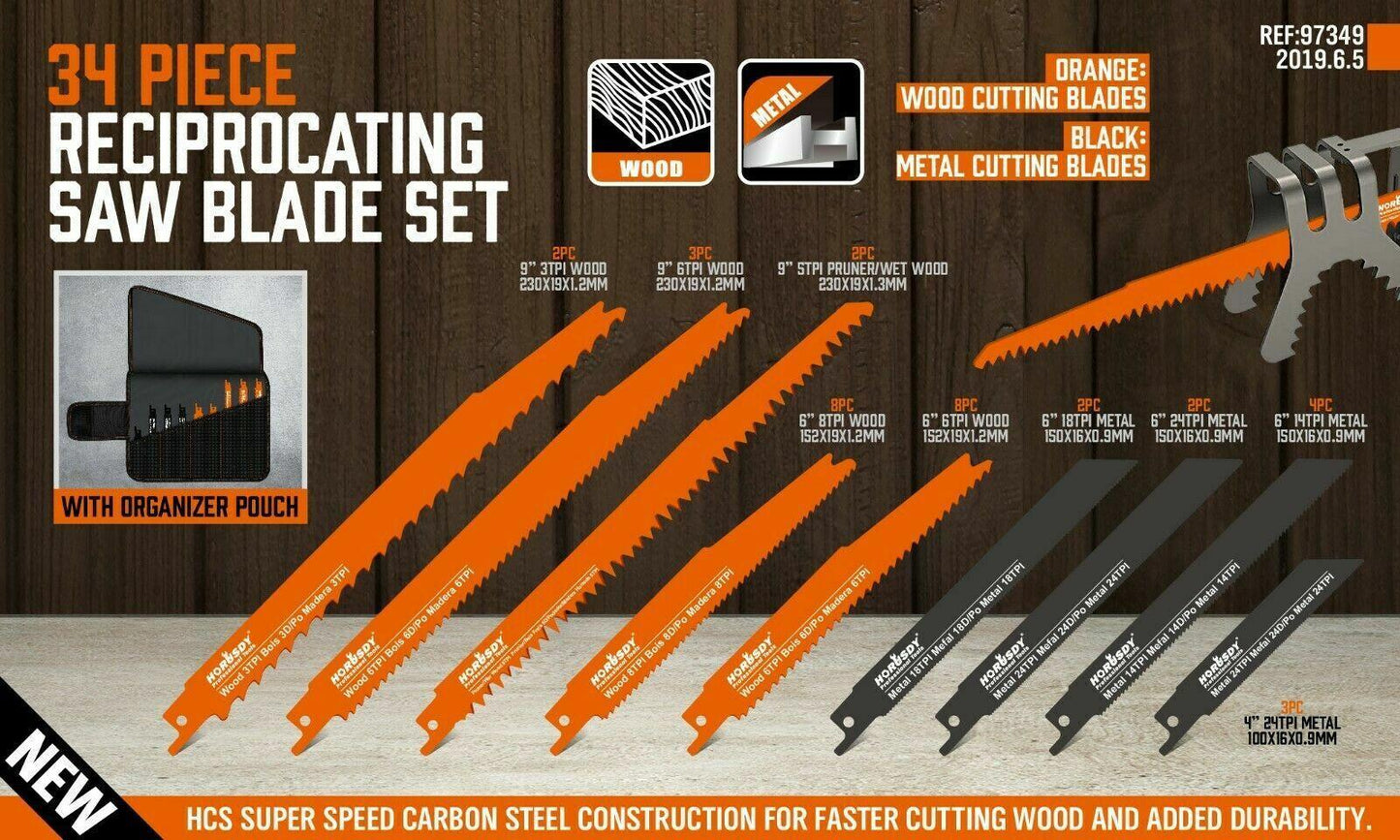 34-Piece Reciprocating Saw Blade Set Wood and Metal Cutting Blades with Storage Pouch.