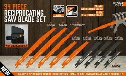 34-Piece Reciprocating Saw Blade Set Wood and Metal Cutting Blades with Storage Pouch.