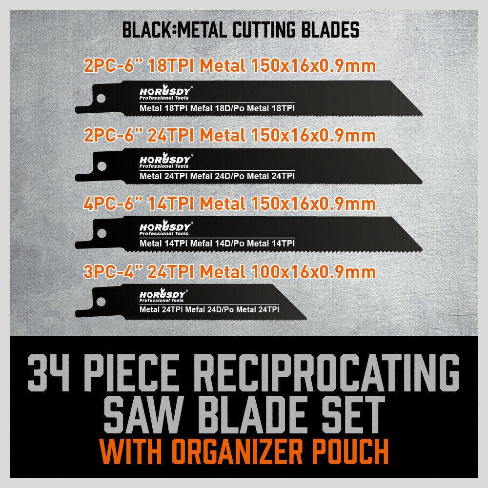 34-Piece Reciprocating Saw Blade Set Wood and Metal Cutting Blades with Storage Pouch.