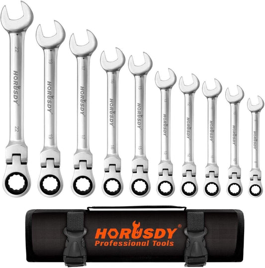 10Pc Flexible Head Ratchet Spanner Set Metric Wrench CRV With Carry Pouch 8-22MM.