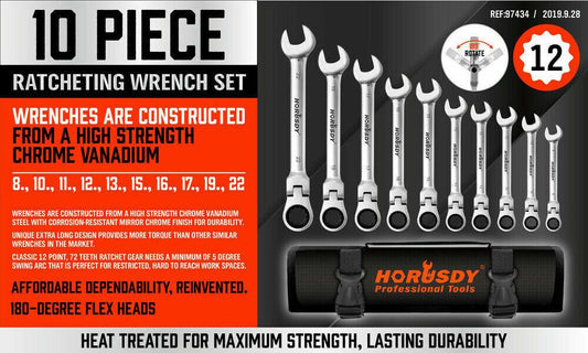 10Pc Flexible Head Ratchet Spanner Set Metric Wrench CRV With Carry Pouch 8-22MM.