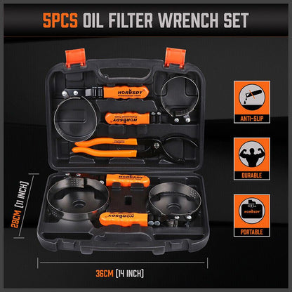 5Pc Oil Filter Wrench Set Swivel Grip Steel Belt Spanner Universal Filter Remove.