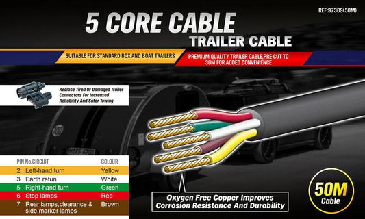 50M x 5 Core Wire Cable Trailer Cable Automotive Boat Caravan Truck Coil V90 PVC.