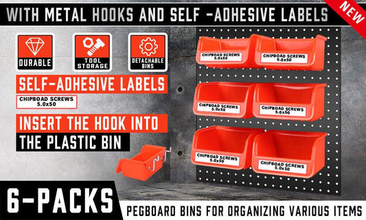 6Pc Pegboard Bins Peg Board Parts Storage With Steel Hooks Tools Organiser Tray.
