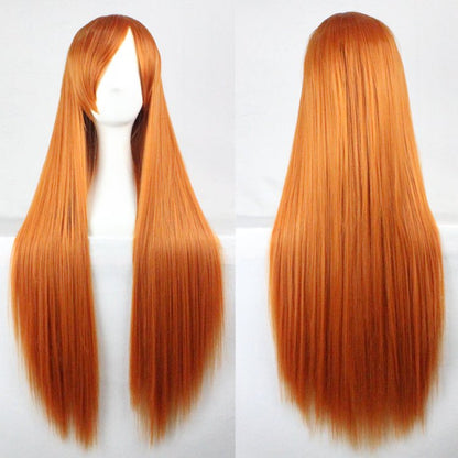 New 80cm Straight Sleek Long Full Hair Wigs w Side Bangs Cosplay Costume Womens, Golden Pink