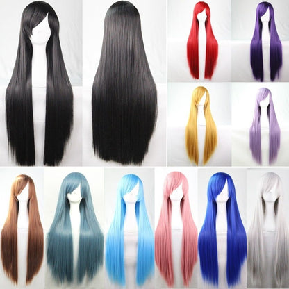 New 80cm Straight Sleek Long Full Hair Wigs w Side Bangs Cosplay Costume Womens, Golden Pink