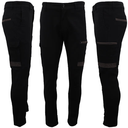 Men's Cotton Drill Cargo Work Pants UPF 50+ 13 Pockets Tradies Workwear Trousers, Black, 30