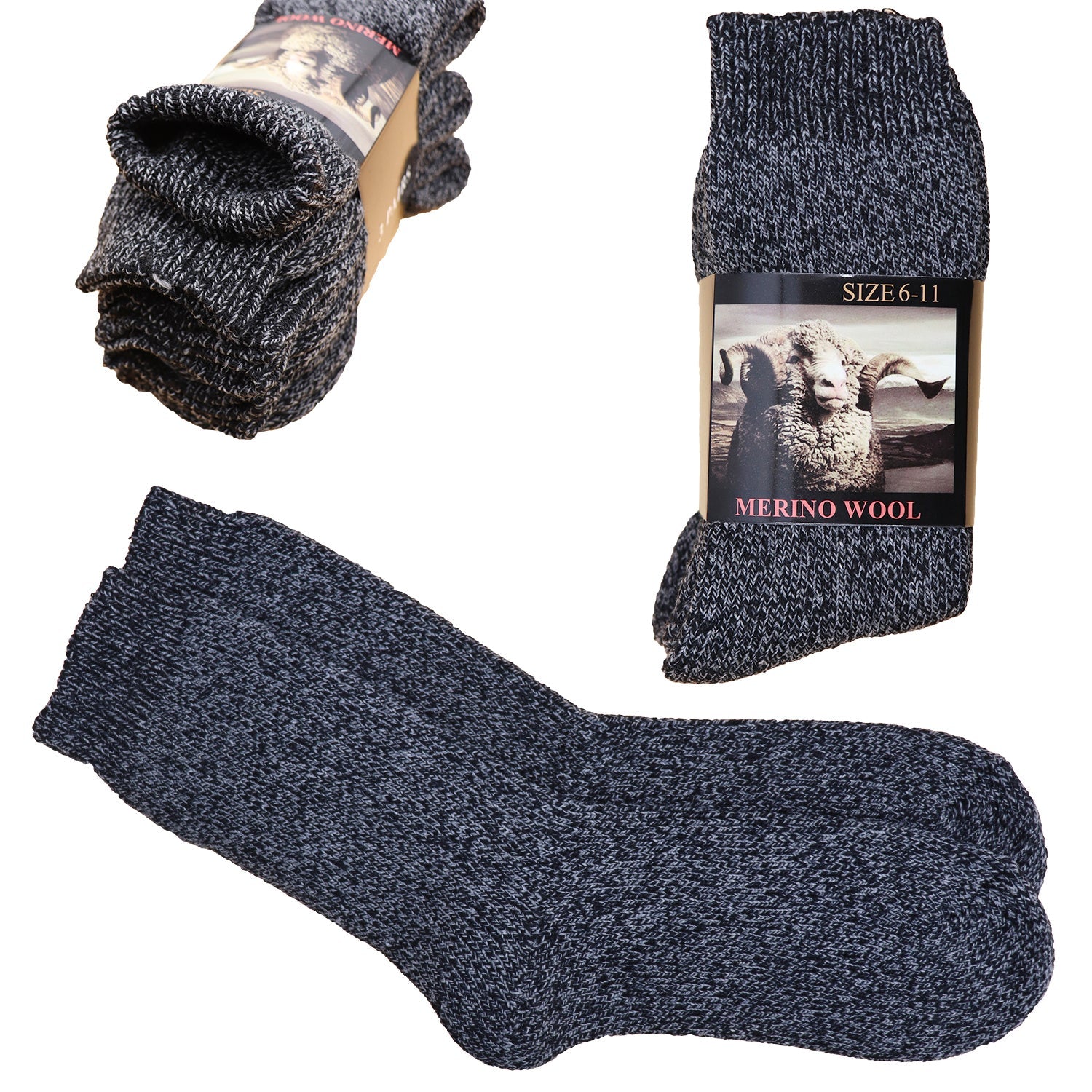 3 Pairs Merino Wool Thick Double Cushion Heavy Duty Socks Tradie Warm Thermal, 6-11.