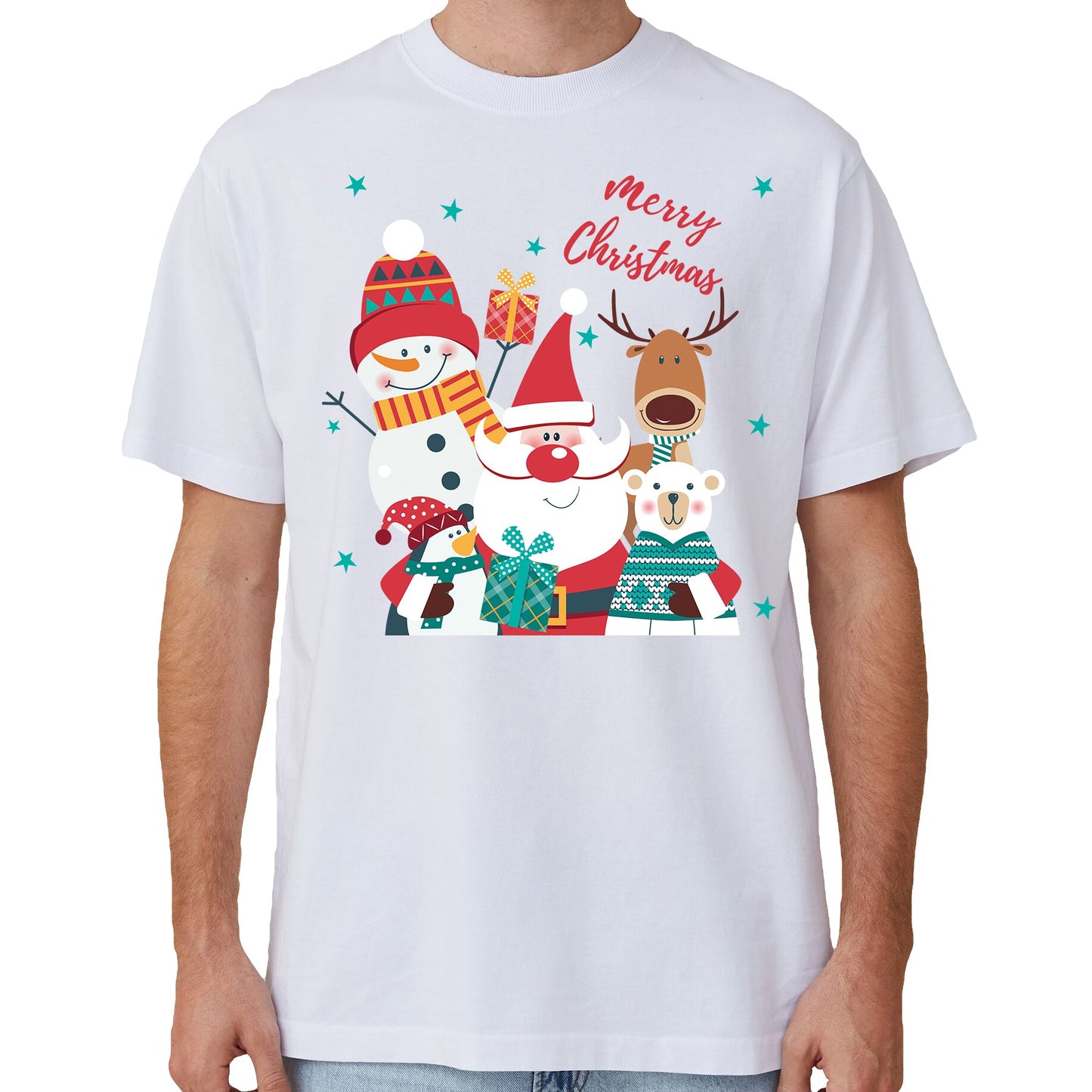 100% Cotton Christmas T-shirt Adult Unisex Tee Tops Funny Santa Party Custume, Car with Snowman (White), 2XL.