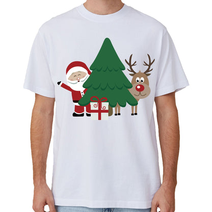 100% Cotton Christmas T-shirt Adult Unisex Tee Tops Funny Santa Party Custume, Car with Snowman (White), 2XL.