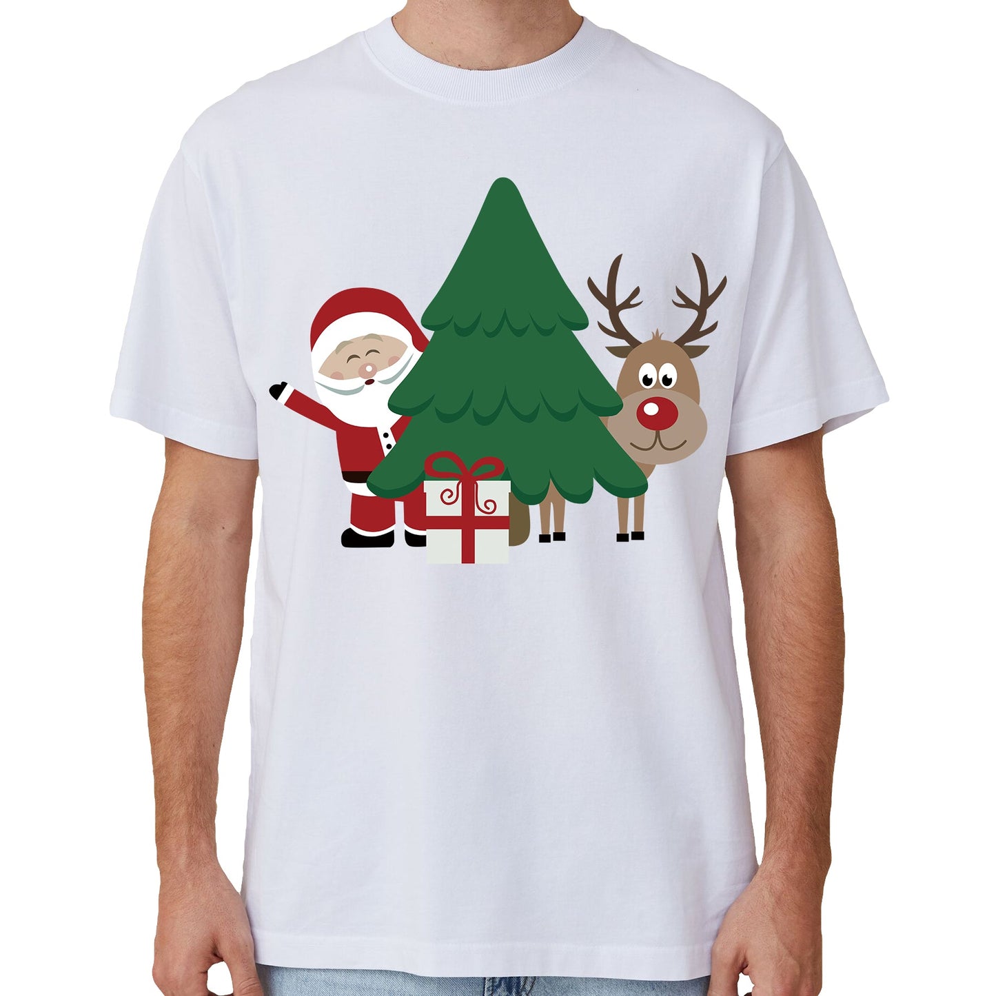 100% Cotton Christmas T-shirt Adult Unisex Tee Tops Funny Santa Party Custume, Car with Snowman (White), 2XL.