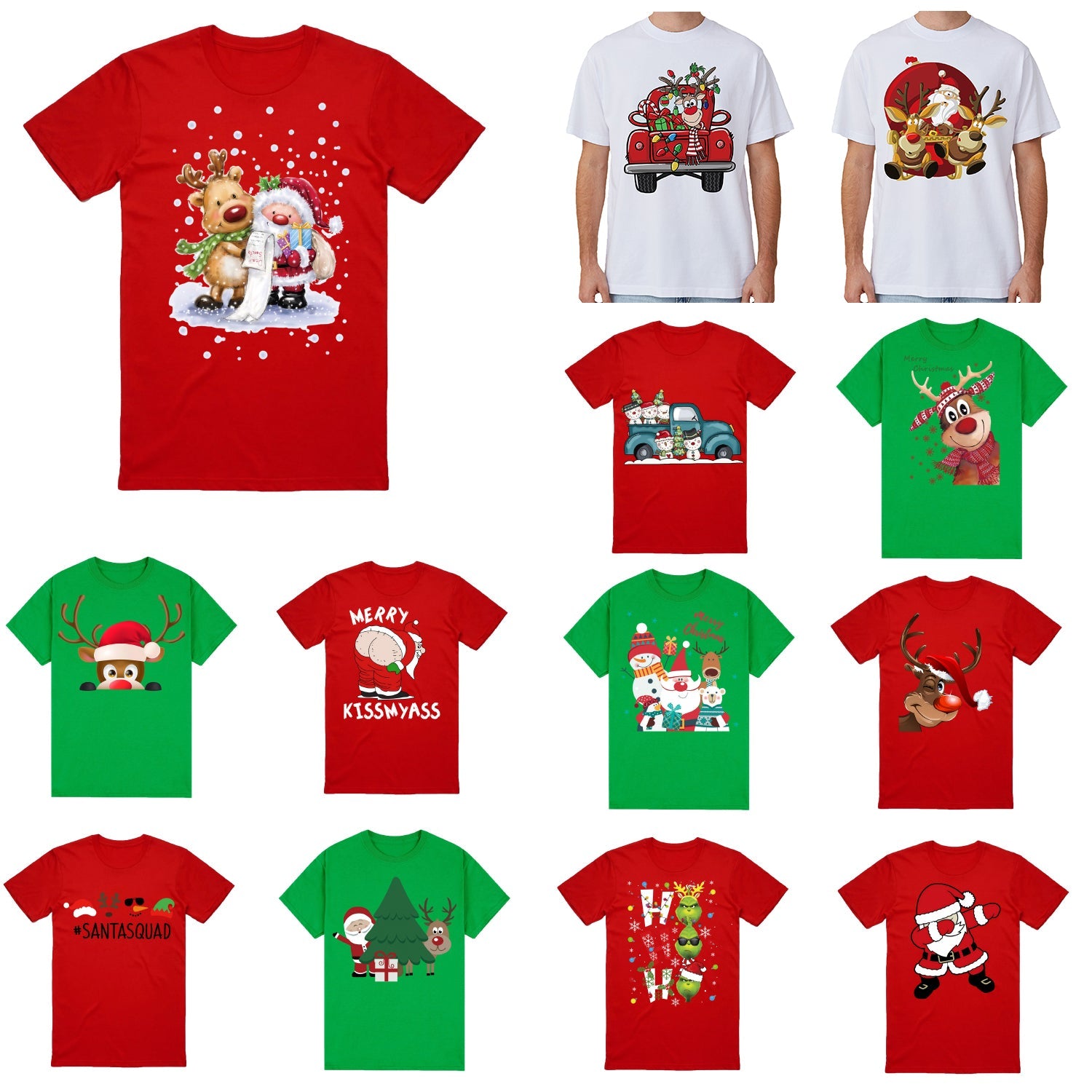 100% Cotton Christmas T-shirt Adult Unisex Tee Tops Funny Santa Party Custume, Car with Snowman (White), 2XL.