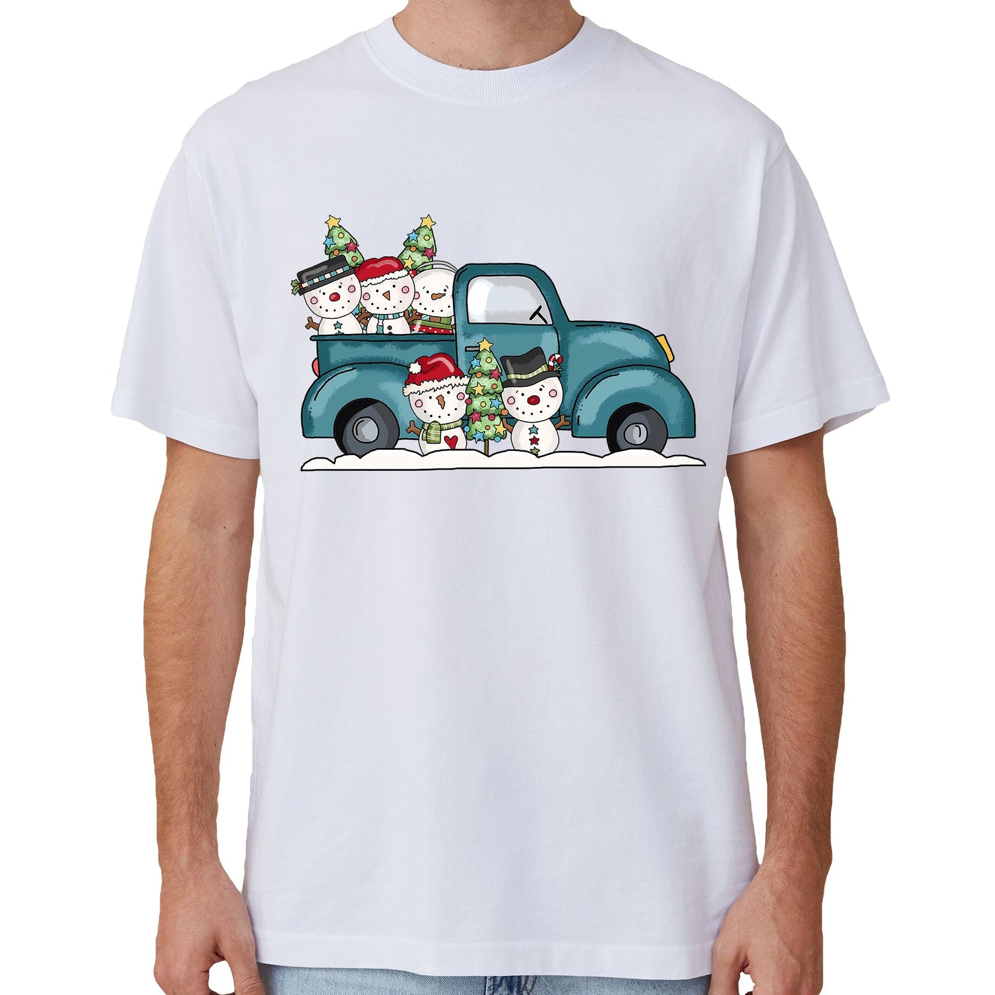 100% Cotton Christmas T-shirt Adult Unisex Tee Tops Funny Santa Party Custume, Car with Snowman (White), 2XL.