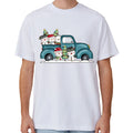 100% Cotton Christmas T-shirt Adult Unisex Tee Tops Funny Santa Party Custume, Car with Snowman (White), 2XL.