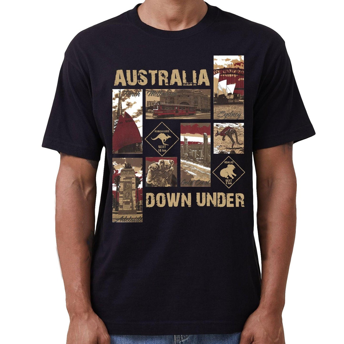 100% Cotton Australia Down Under Souvenir T-Shirt Unisex Adult Iconic Tee Top, Black, S.