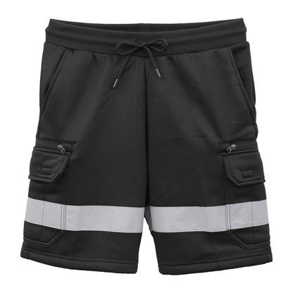 Hi Vis Fleece Work Cargo Shorts w Reflective Tape Workwear Tradie Utility Pants, Black, L