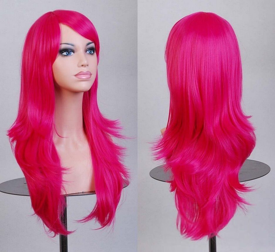 New 80cm Straight Sleek Long Full Hair Wigs w Side Bangs Cosplay Costume Womens, Golden Pink