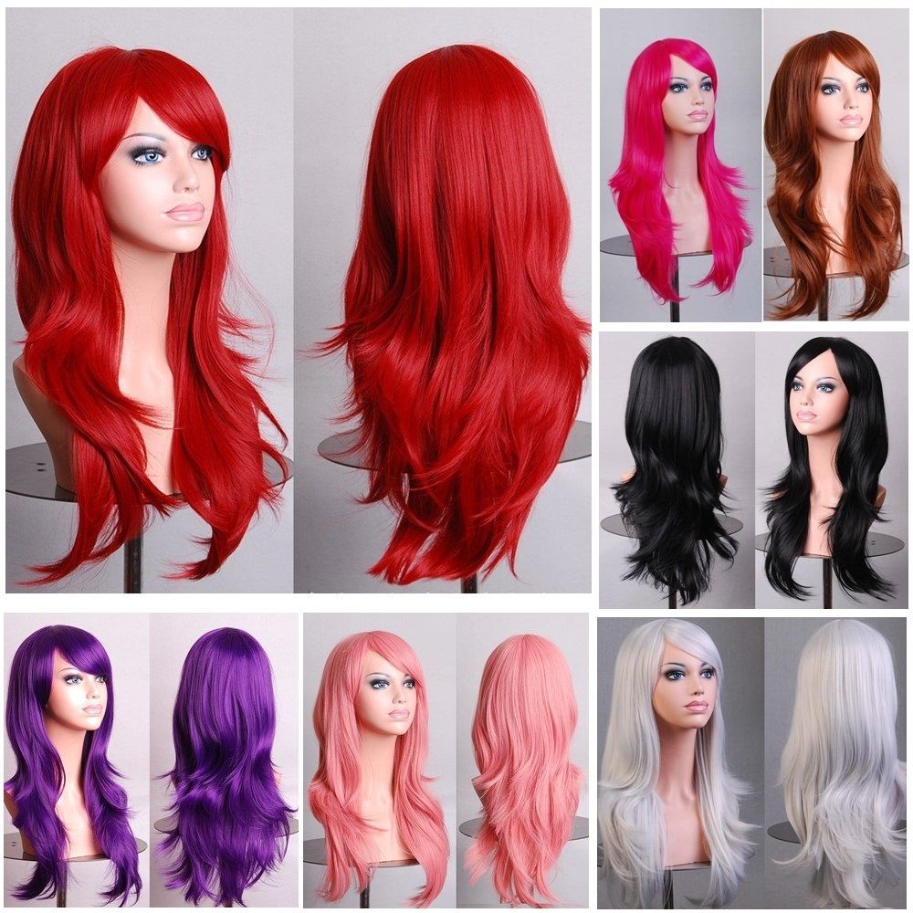 New 80cm Straight Sleek Long Full Hair Wigs w Side Bangs Cosplay Costume Womens, Golden Pink