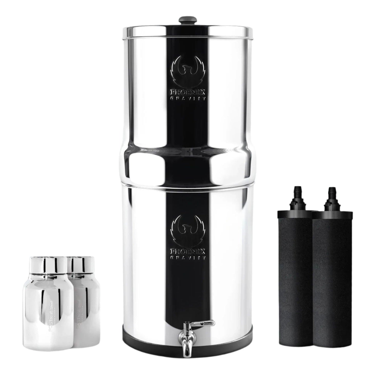 Phoenix 8L Stainless Steel Gravity Water Filter + POSTreat Fluoride cartridges.