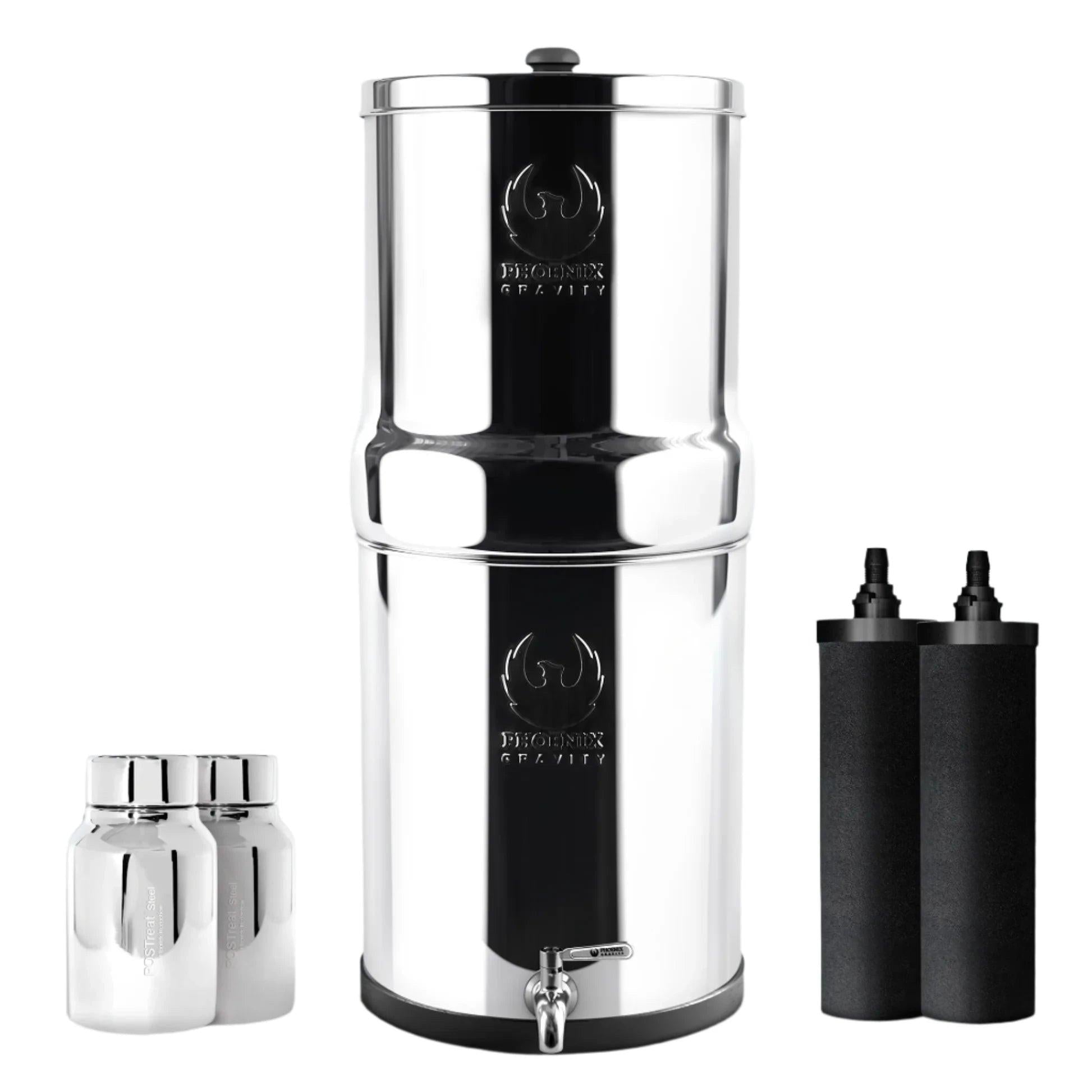 Phoenix 8L Stainless Steel Gravity Water Filter + POSTreat Fluoride cartridges.