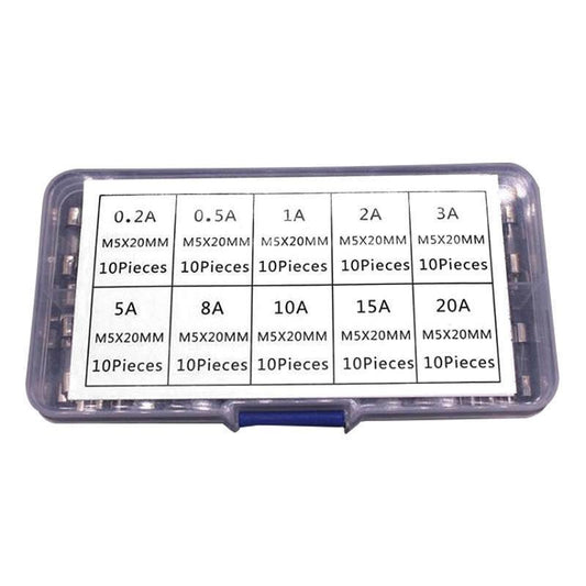 100Pcs Fast-Blow Glass Tube Fuses 5 x 20mm Quick Blow Assortment Kit.