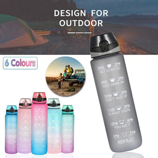 1L Water Bottle Motivational Drink Flask With Time Markings Bpa Free Sport Gym - Blue+Pink.